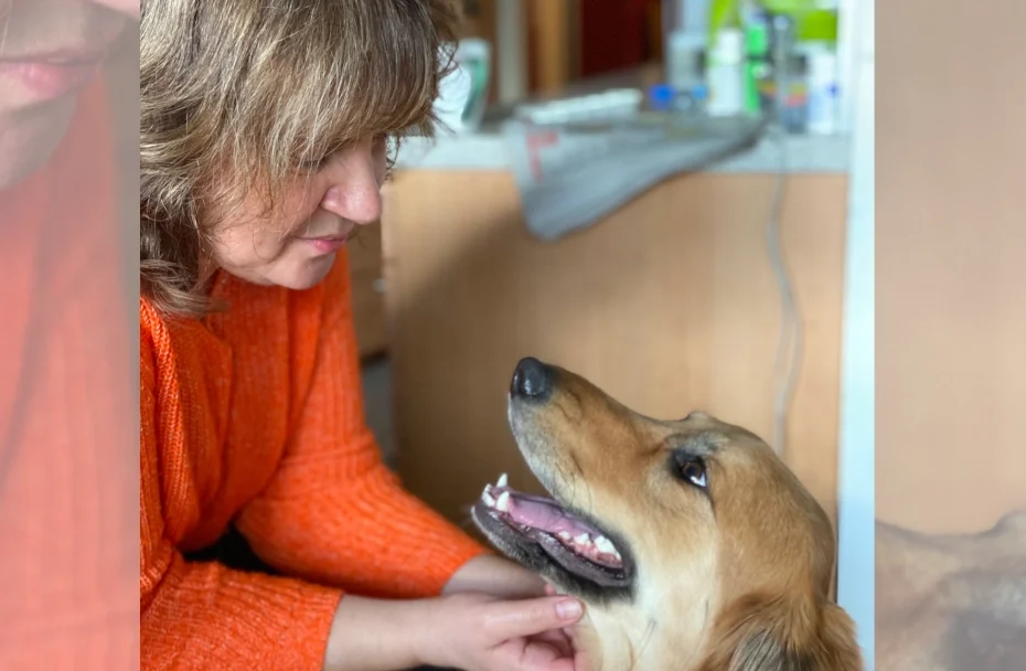 Eine Frau krault einen Hund am Kopf.
