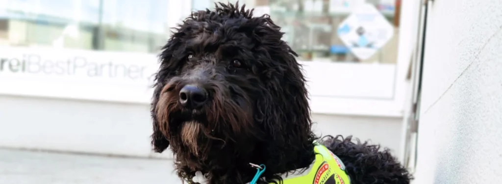 Hund liegt am Boden und trägt Geschirr auf dem In Ausbildung steht.
