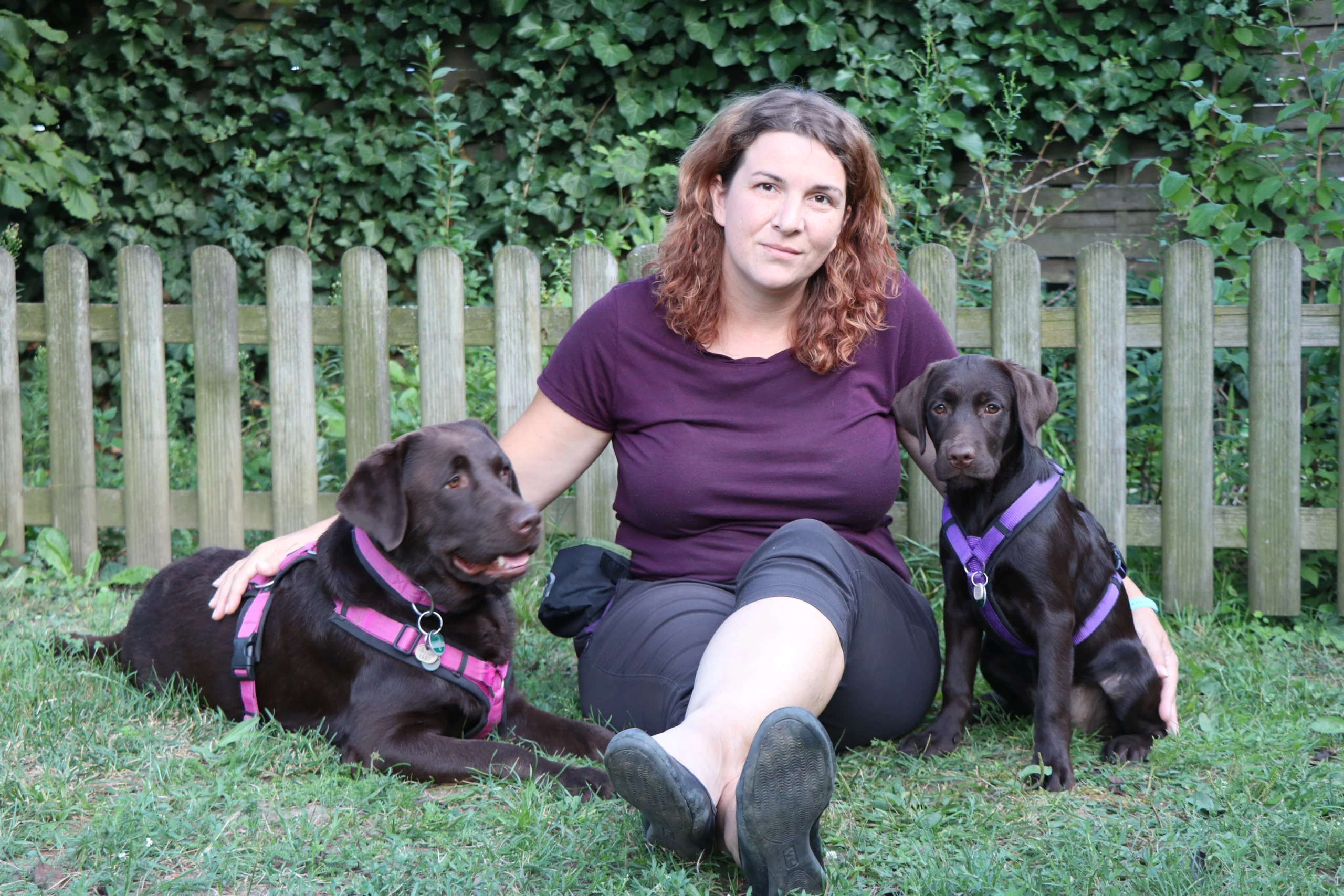 Frau sitzt auf Wiese mit zwei Hunden an ihrer Seite.